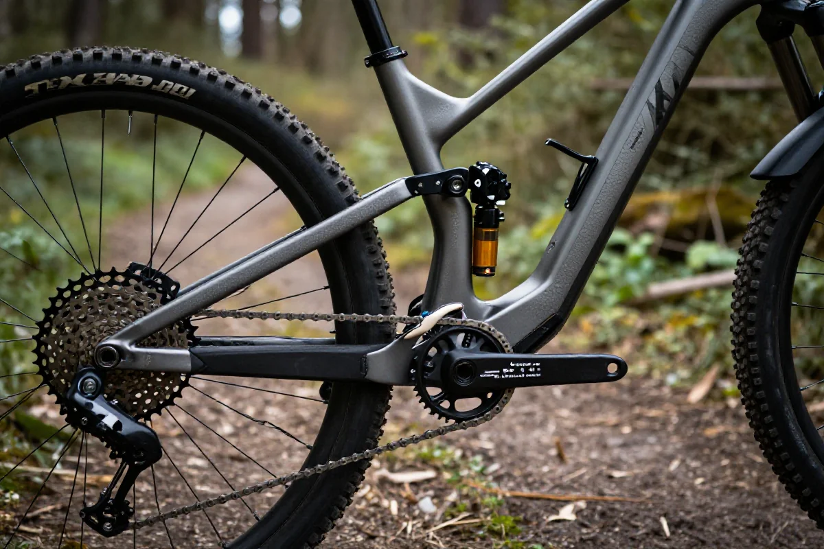 Szczegóły roweru górskiego z widocznym napędem na tle leśnej ścieżki.