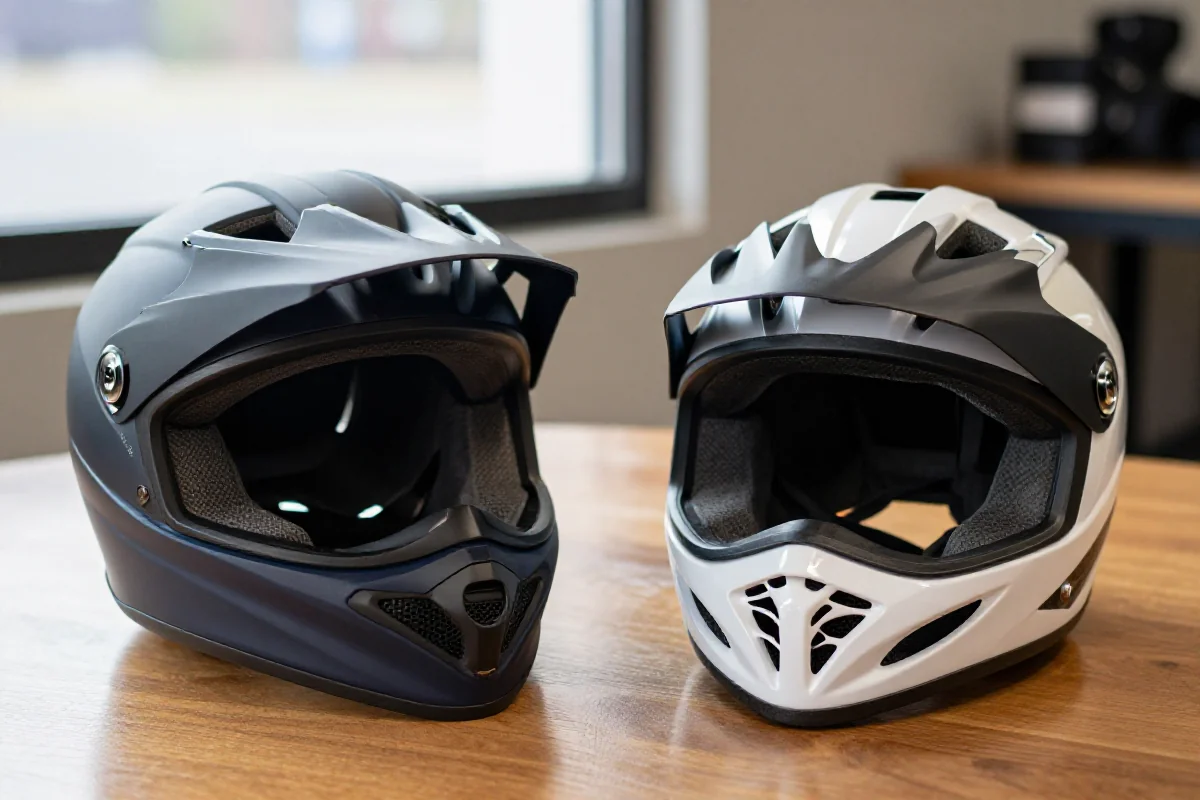 Porównanie kasków rowerowych full-face i otwartych na stole.