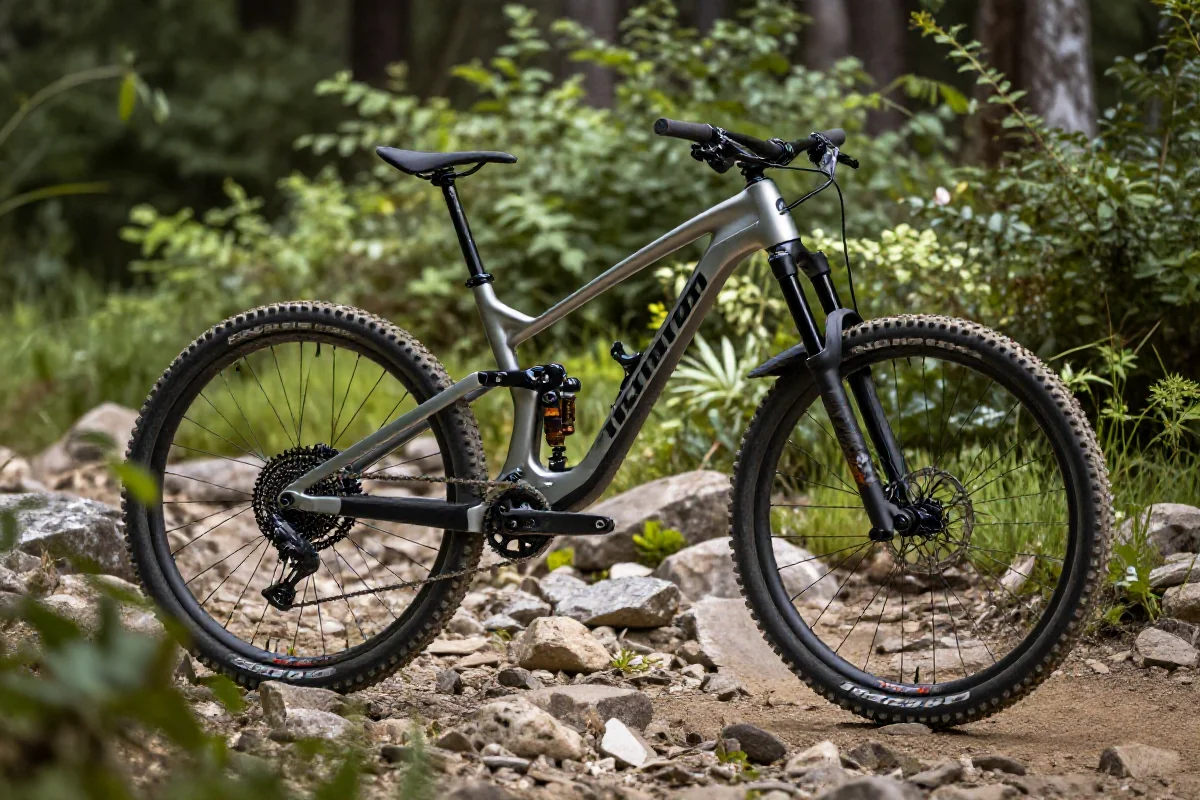 Rower amortyzowany XC na szlaku górskim, idealny do wyścigów cross-country.