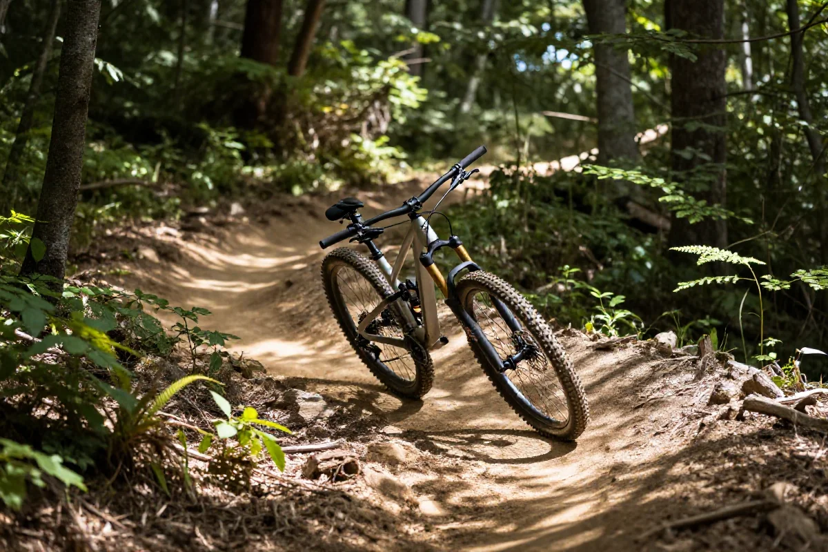 Rower górski pokonujący zakręt na technicznym szlaku w lesie.