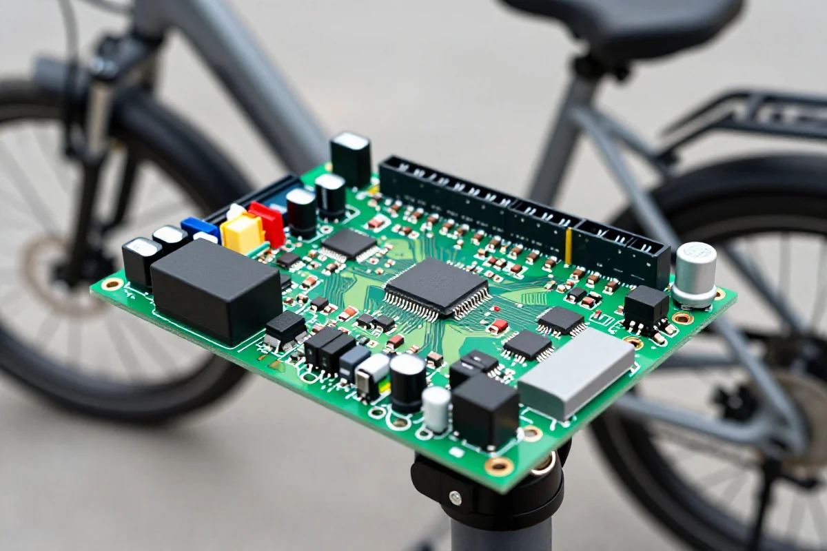 Zbliżenie na układ zarządzania baterią w rowerze elektrycznym.