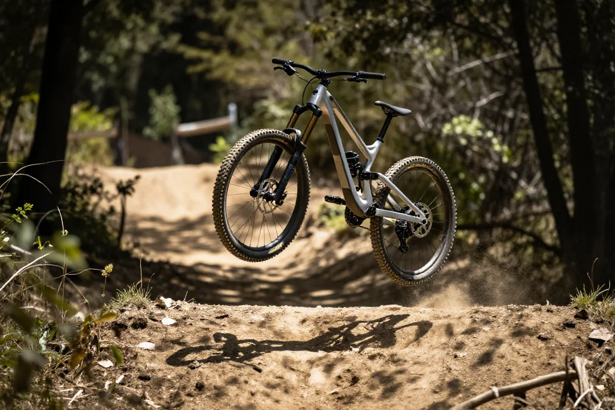 Skok na rowerze górskim nad przepaścią w terenie, różnice między gap jumps a tabletops.