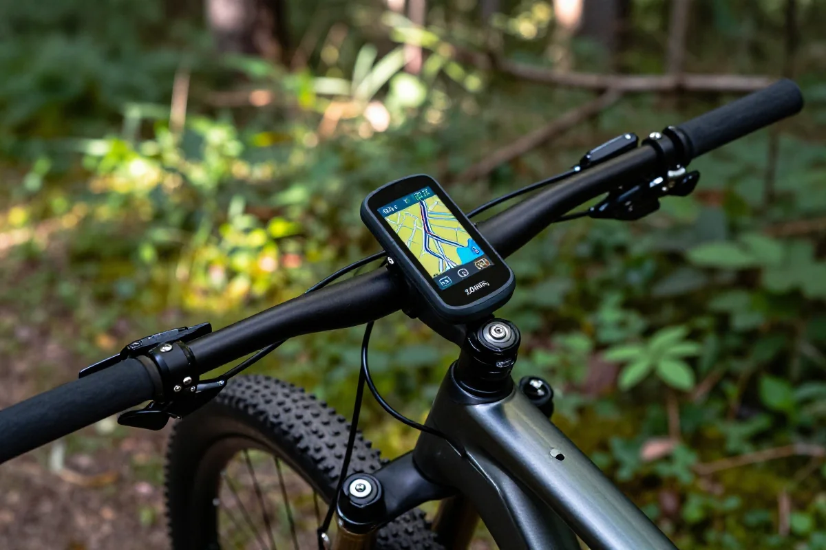 Komputer rowerowy GPS na kierownicy roweru górskiego w leśnym otoczeniu.