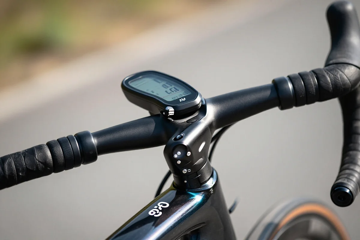 Licznik rowerowy na kierownicy roweru szosowego z wyświetlaczem cyfrowym.