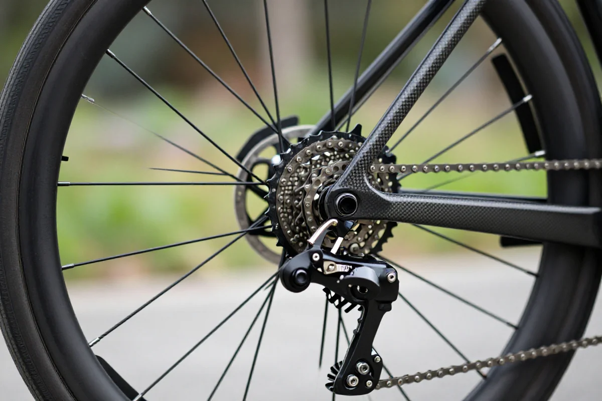 System napędu Gates Carbon Drive w rowerze elektrycznym, zbliżenie na pasek węglowy.