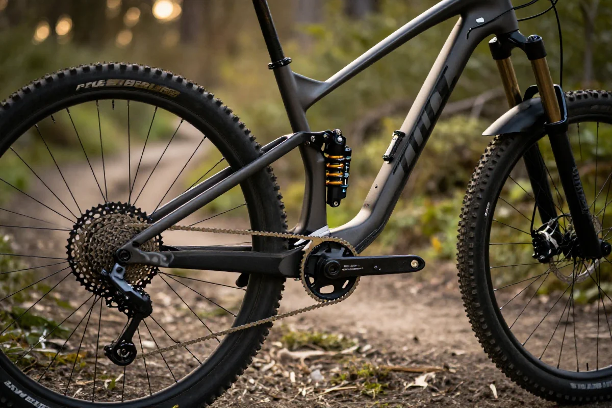 Rower górski z bliska w naturalnym otoczeniu, szczegóły ramy i kół