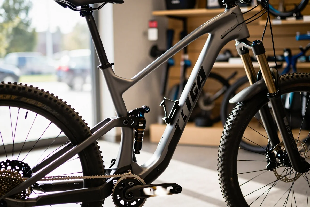 Szczegółowy widok ramy roweru górskiego w sklepie rowerowym.