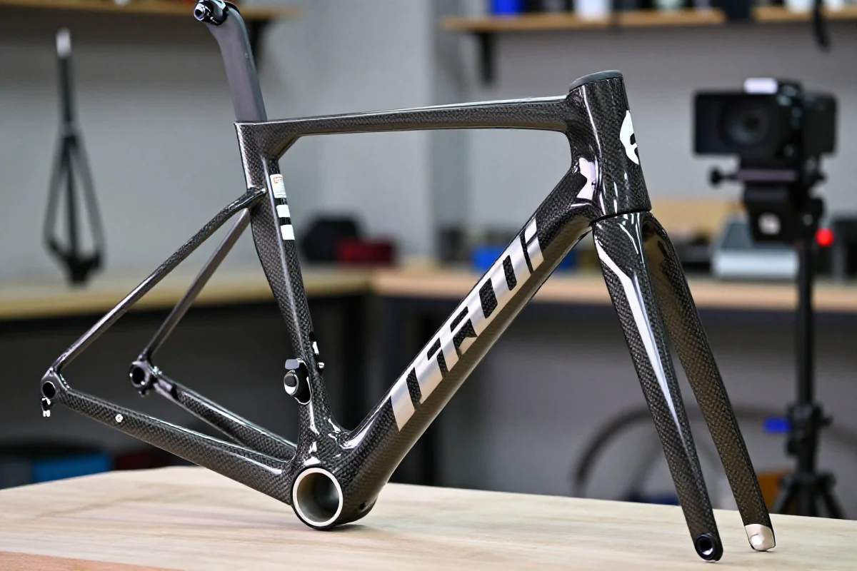 Zbliżenie na ramę roweru szosowego z włókna węglowego w warsztacie.