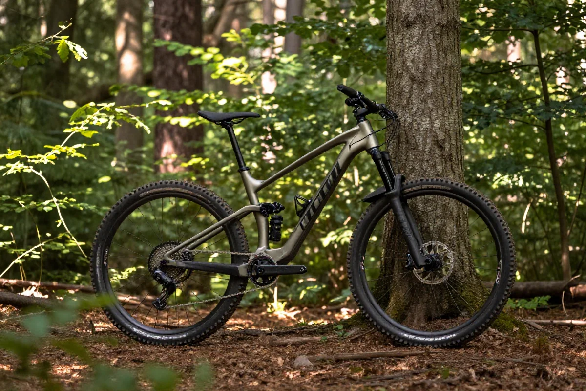 Rower górski w Kampinoskim Parku Narodowym, otoczony zielenią lasu.