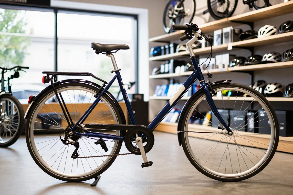 Rower miejski w sklepie rowerowym w Krakowie, prezentujący akcesoria rowerowe.