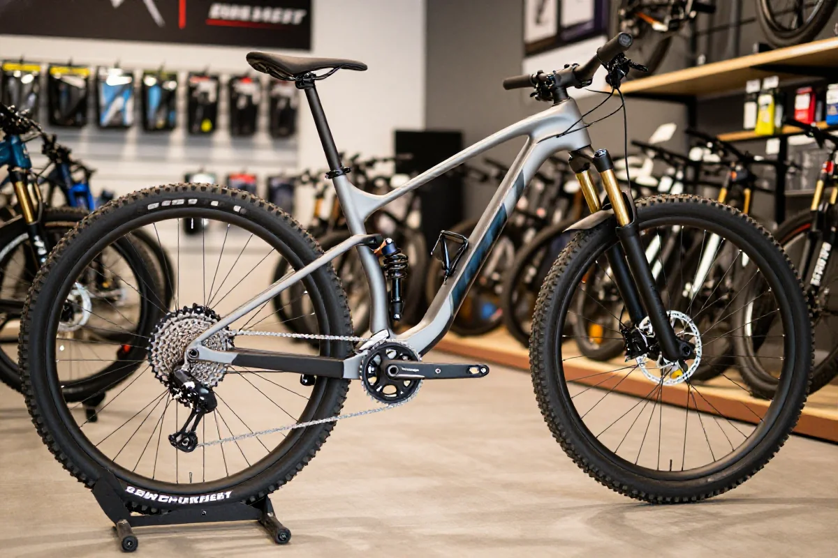 Nowoczesny rower górski w sklepie rowerowym, prezentujący komponenty MTB.
