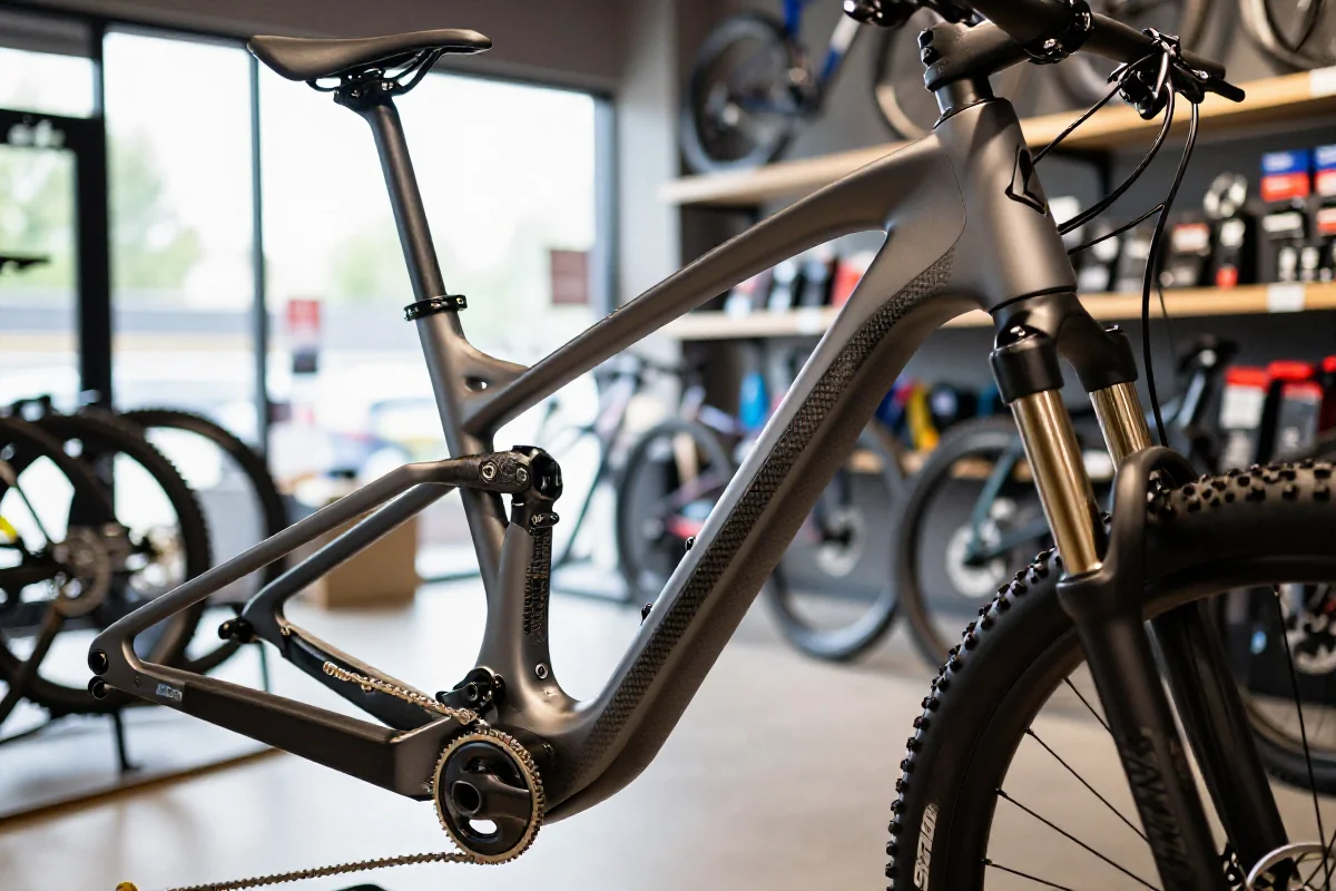 Szczegóły ramy roweru górskiego w profesjonalnym sklepie rowerowym.