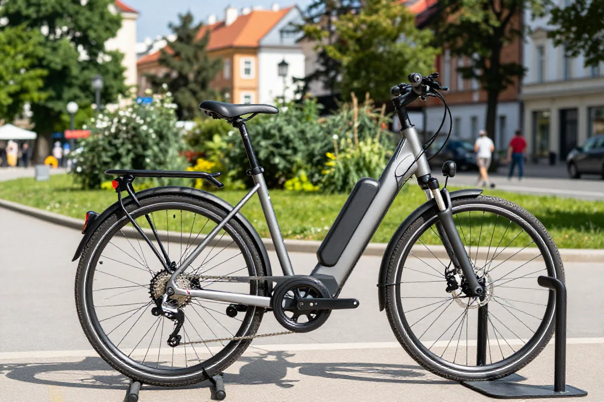 Nowoczesny e-bike zaparkowany w Krakowie, w tle zieleń i ścieżka rowerowa.