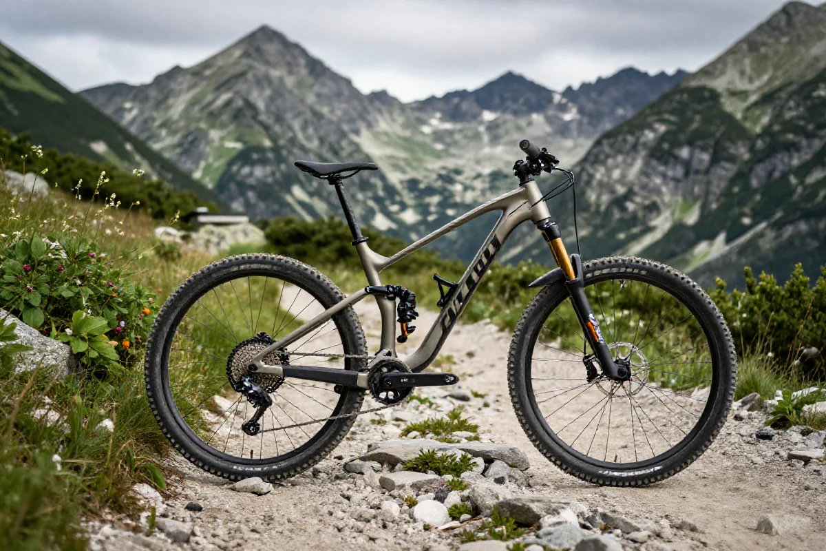 Rower górski na szlaku w Tatrach, otoczony górskim krajobrazem.