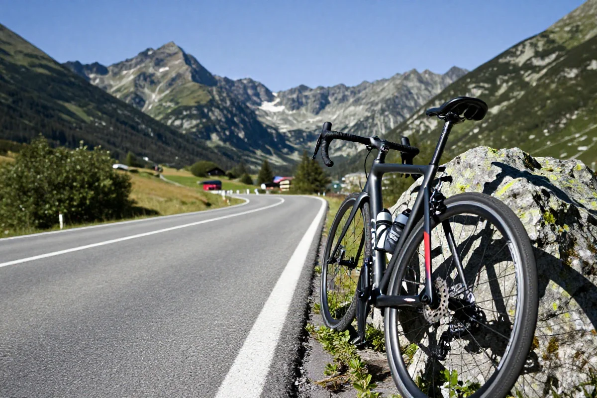 Widok na górski szlak w Tatrach z rowerem szosowym, idealny dla początkujących.