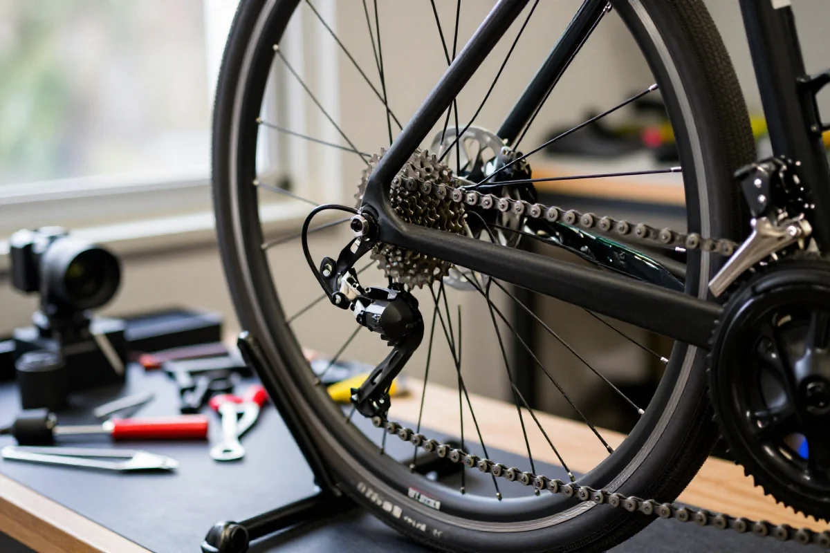 Wymiana łańcucha rowerowego w warsztacie, szczegóły napędu i narzędzi.