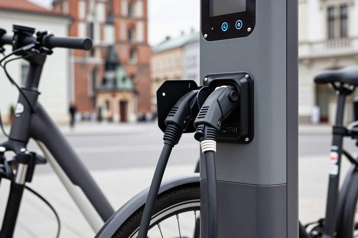 Stacja ładowania e-bike w Krakowie, pokazująca nowoczesną infrastrukturę rowerową.