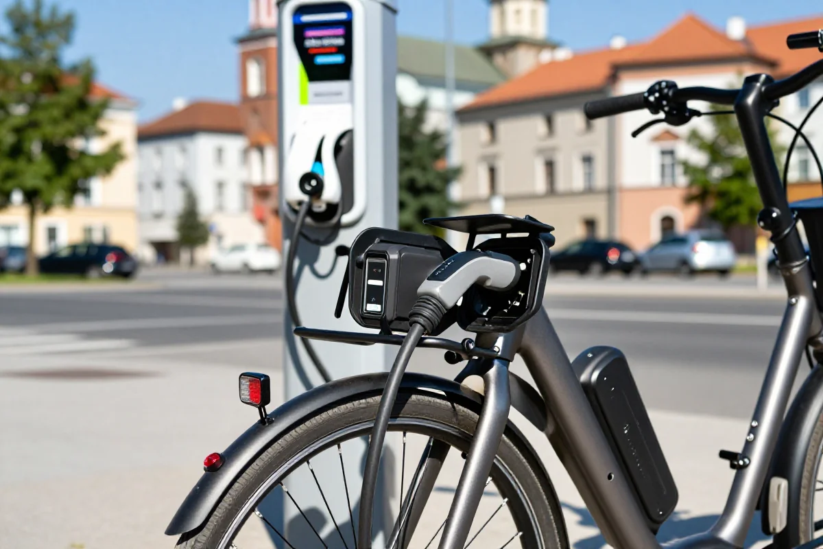 Stacja ładowania e-bike w Krakowie z elektrycznym rowerem podłączonym do ładowania.