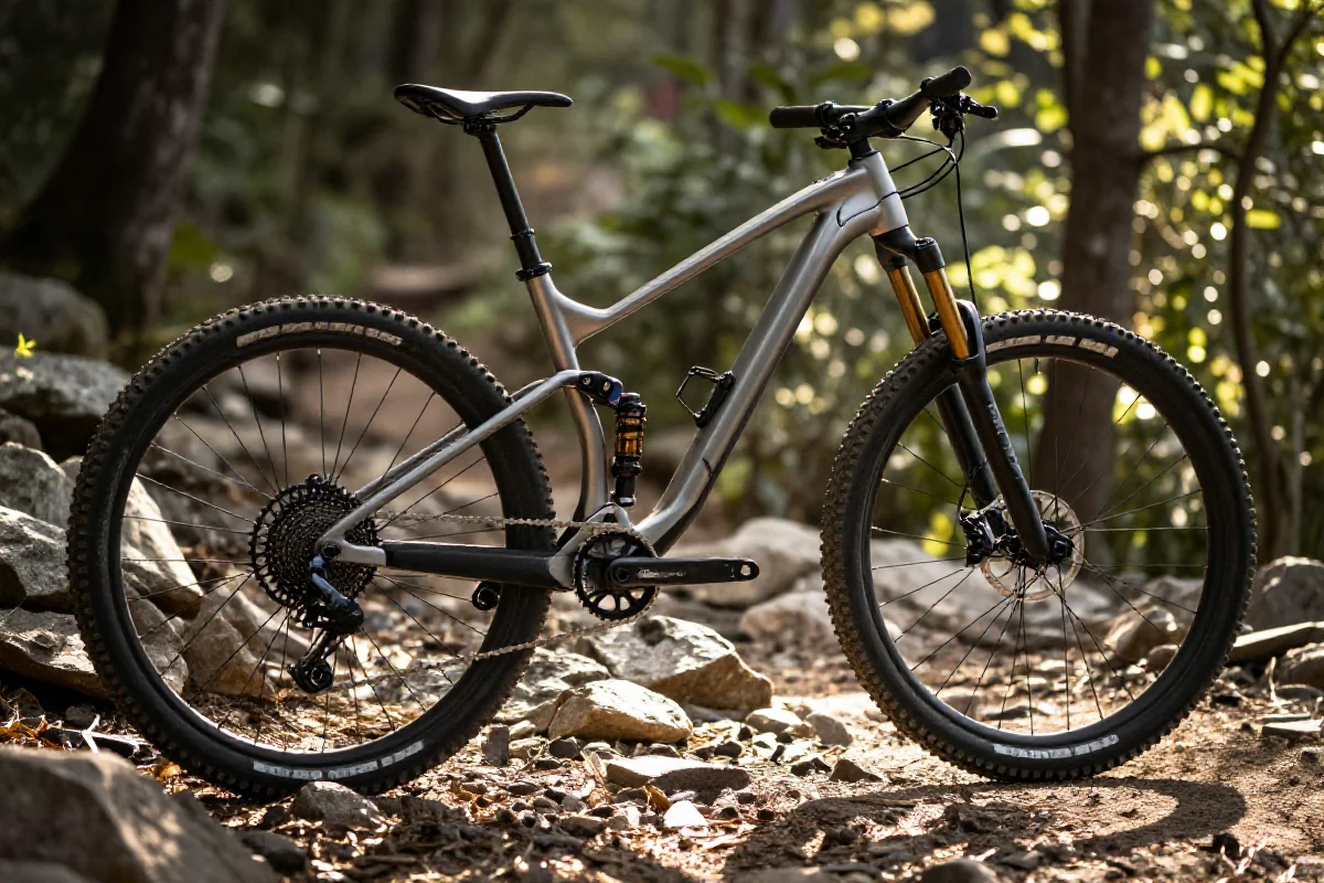 Rower górski z aluminiową ramą na szlaku, ukazujący detale komponentów