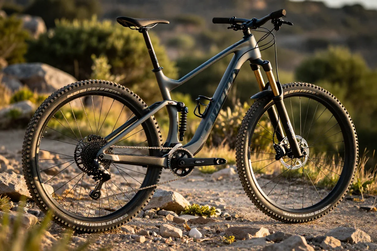 Zbliżenie na używany rower MTB na szlaku, ukazujące jego detale.