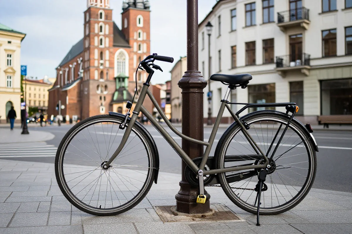 Zabezpieczony rower miejski w Krakowie, widoczny na ulicy.
