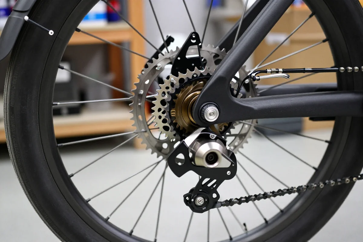 Silnik zębaty w kole roweru elektrycznego, szczegóły konstrukcji i komponentów.