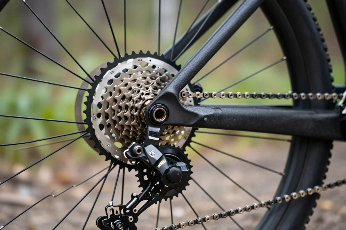 Zbliżenie na napęd roweru górskiego z systemem 1x12 i kasetą.