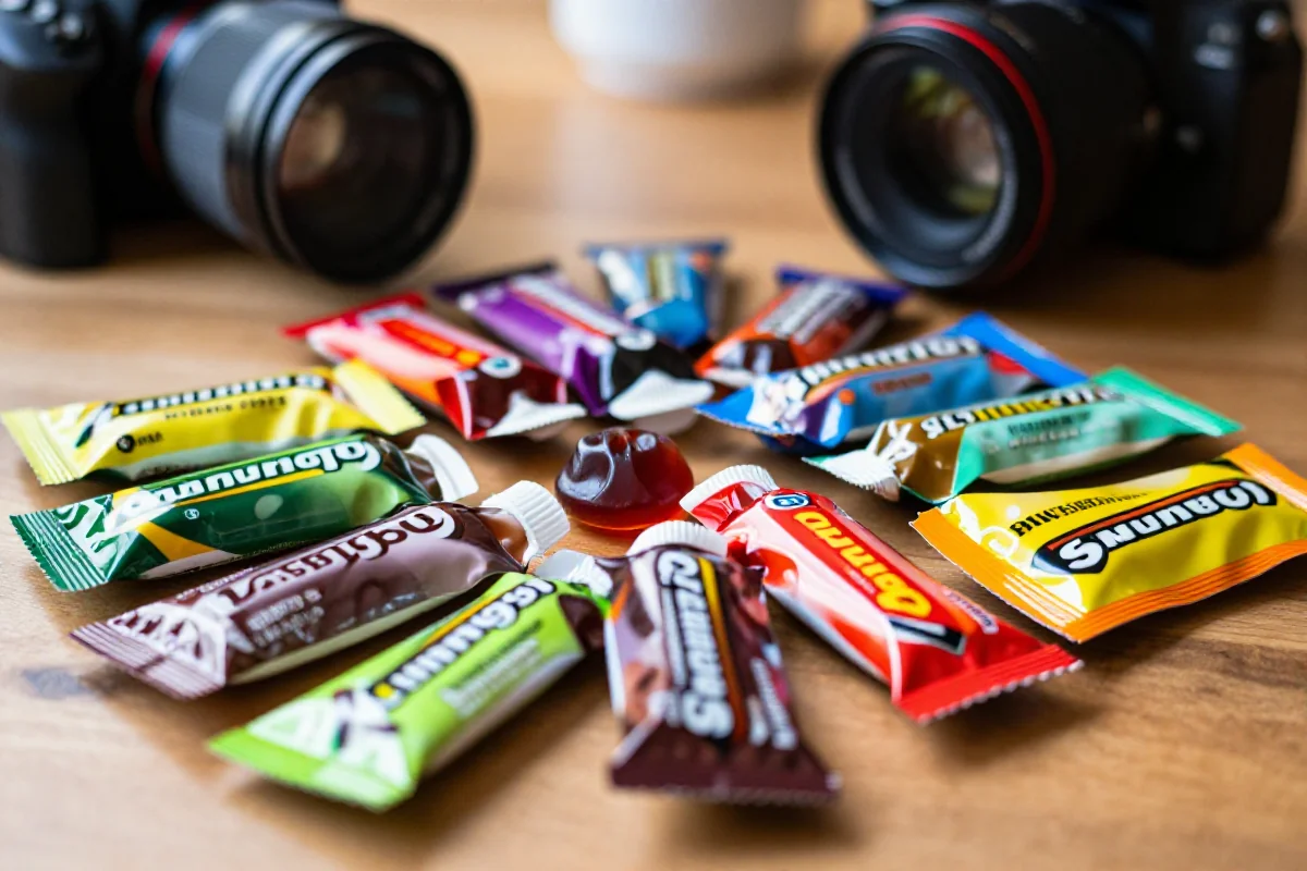 Różne żele energetyczne na drewnianym stole, kolorowe opakowania i tekstury.