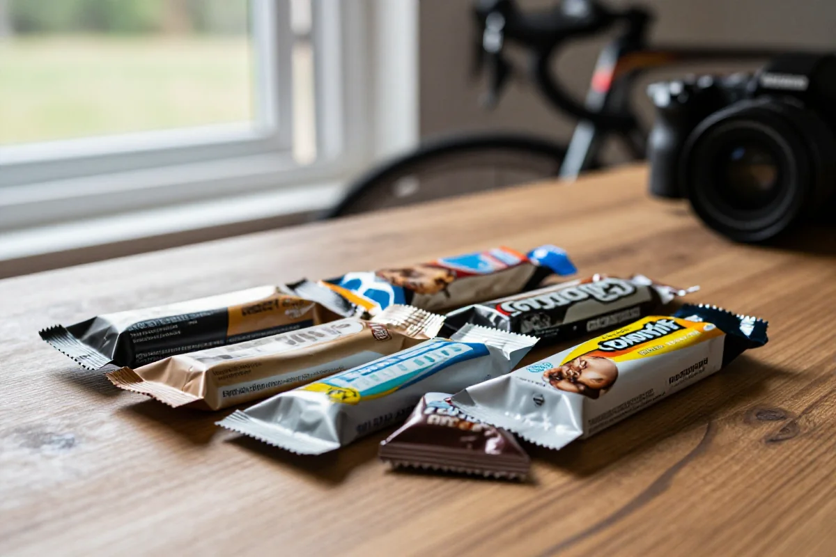 Gele i batony energetyczne na drewnianym stole, idealne na jazdę rowerową.