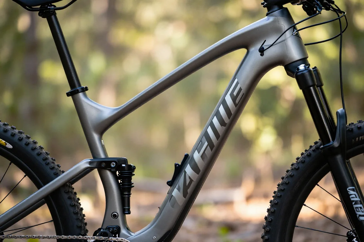 Szczegóły geometrii ramy roweru górskiego MTB w naturalnym otoczeniu.