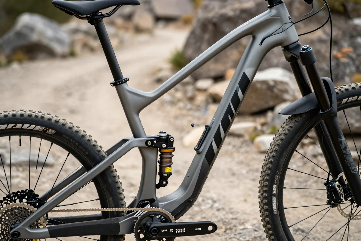 Geometria roweru górskiego na zjeździe, podkreślająca stabilność i kontrolę.