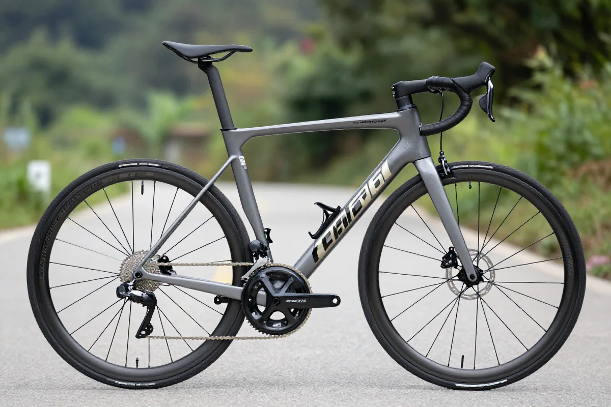 Rama roweru szosowego z geometrią endurance na asfaltowej drodze