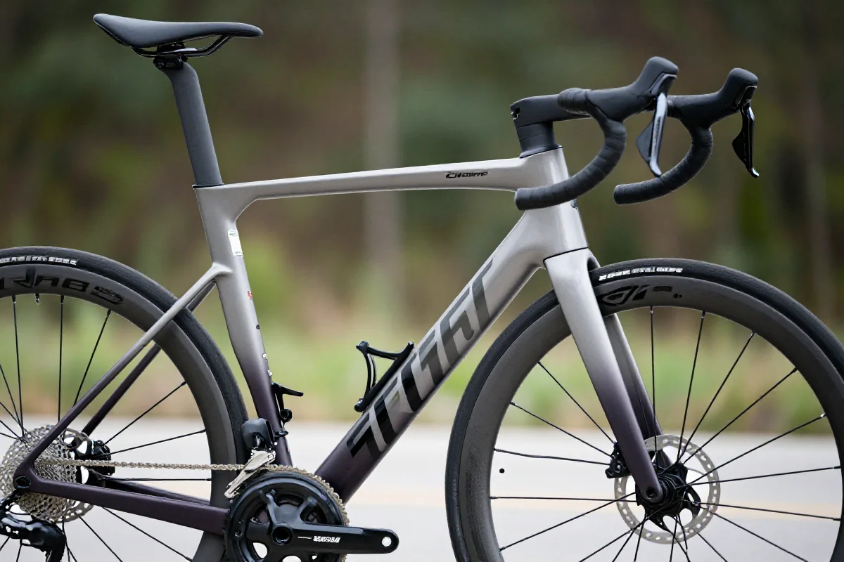 Rama roweru szosowego o geometrii gran fondo z widocznymi kątami główki.