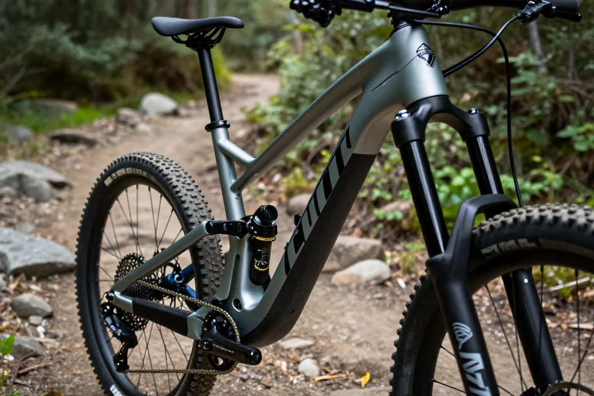 Szczegóły konstrukcji roweru trail w lesie, z widoczną geometrią ramy.