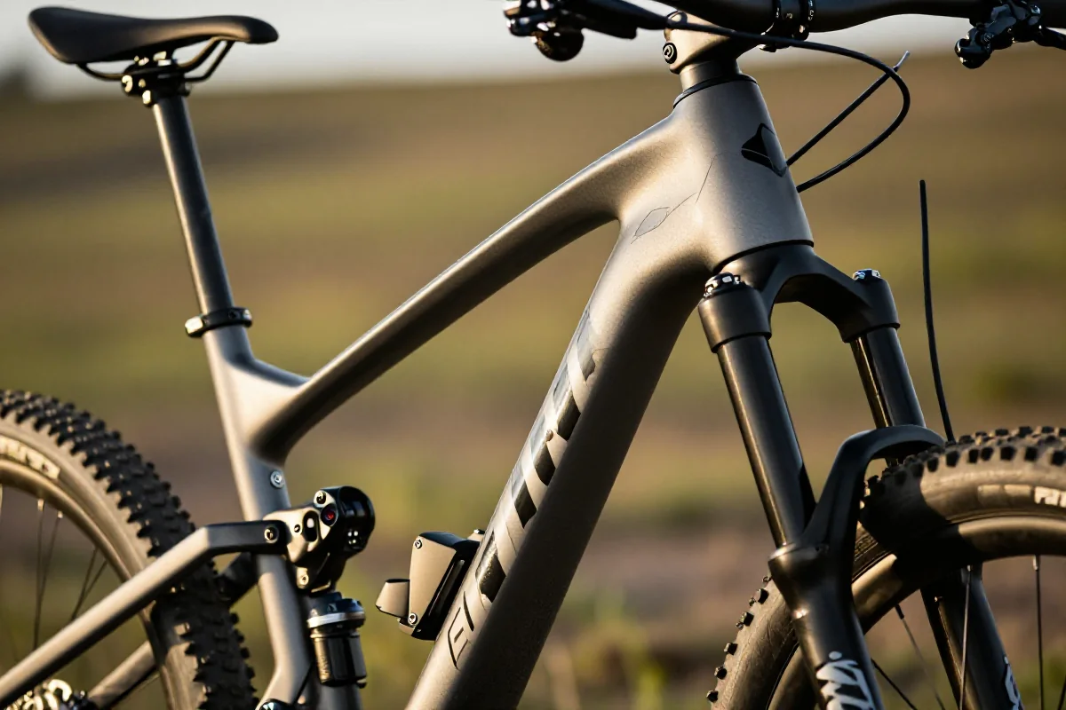 Geometria ramy roweru XC z bliska, uwypuklająca kąty i parametry techniczne.