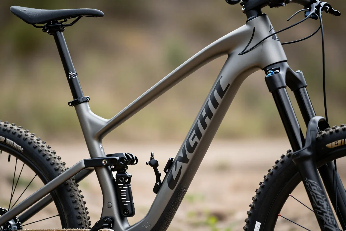 Szczegółowy widok ramy roweru MTB z geometrią w terenie.