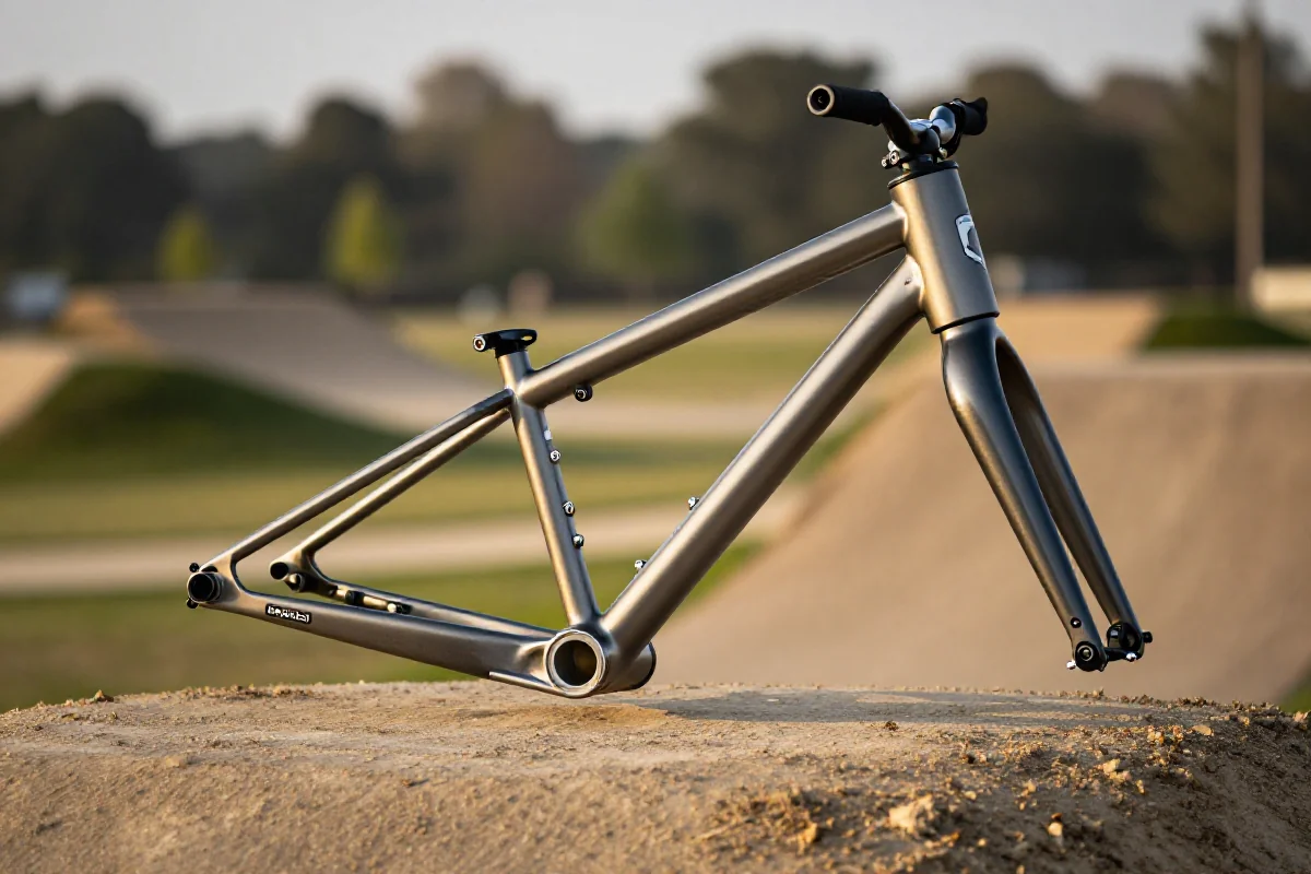 Rower dirt jump z bliska, ukazujący geometrię i specyfikację roweru.