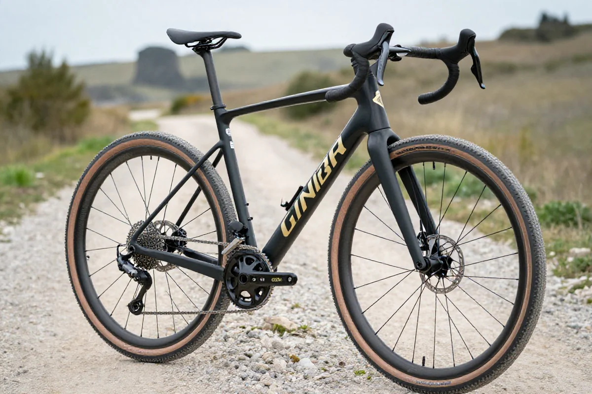 Rower gravelowy z agresywną geometrią na szutrowej drodze