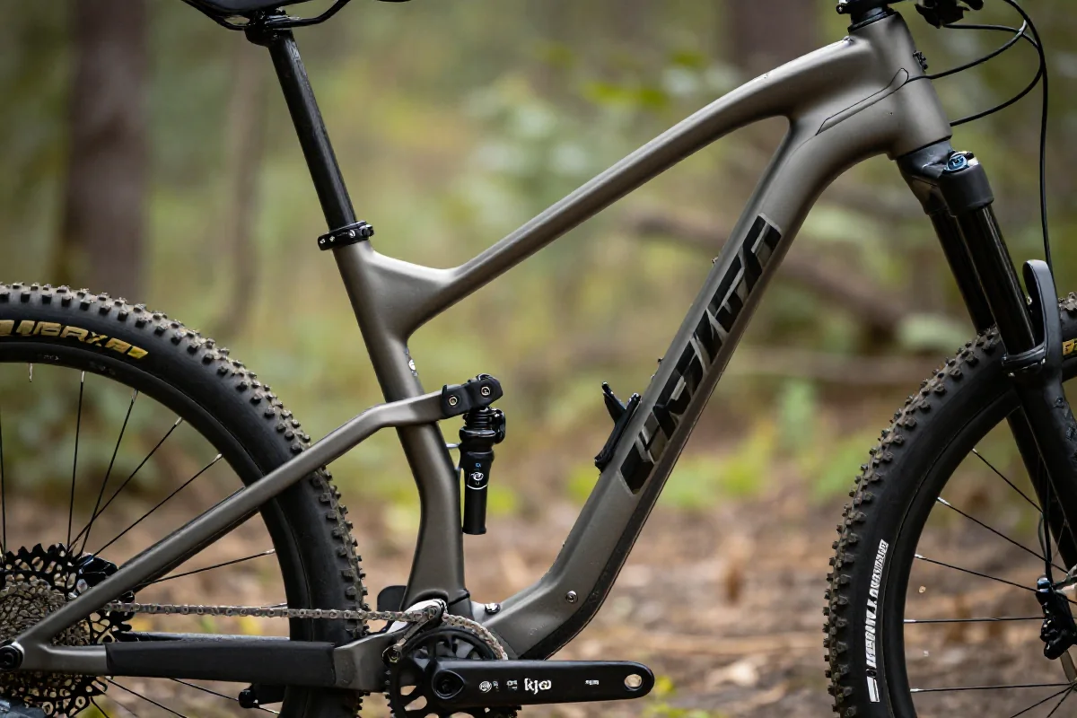 Geometria ram roweru górskiego z widocznymi kątami i wymiarami