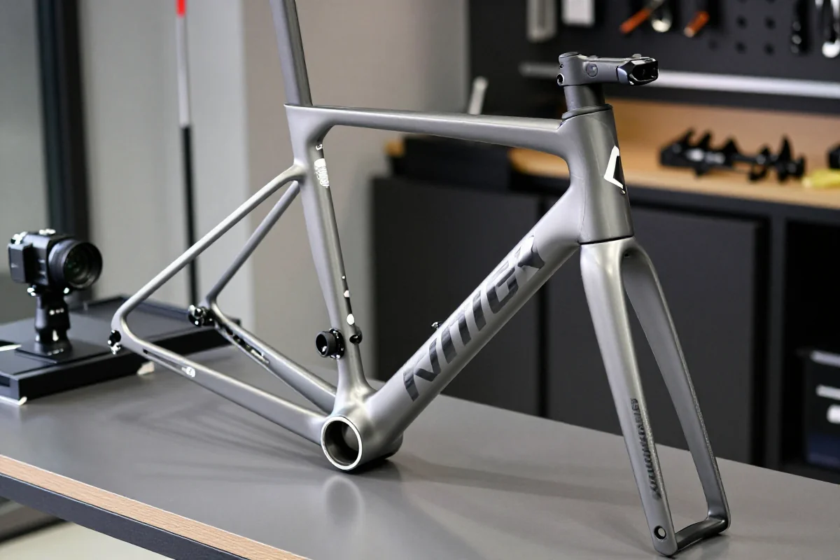 Szosowa rama rowerowa z widoczną geometrią i detalami konstrukcyjnymi.