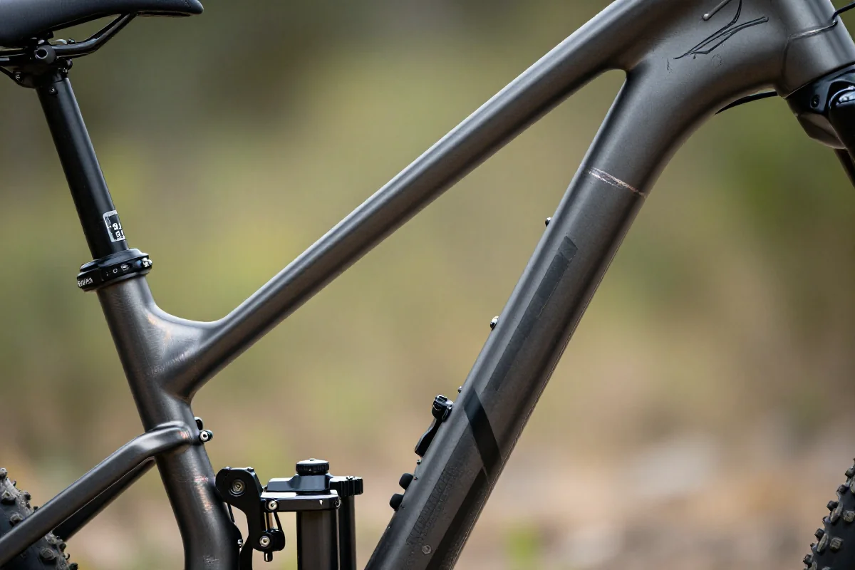 Zbliżenie na geometrię ramy MTB, ukazujące kąt główki i rury podsiodłowej.