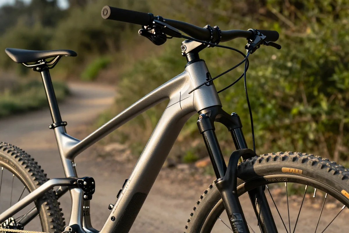 Rama roweru górskiego XC z podkreśloną geometrią i kątem główki.