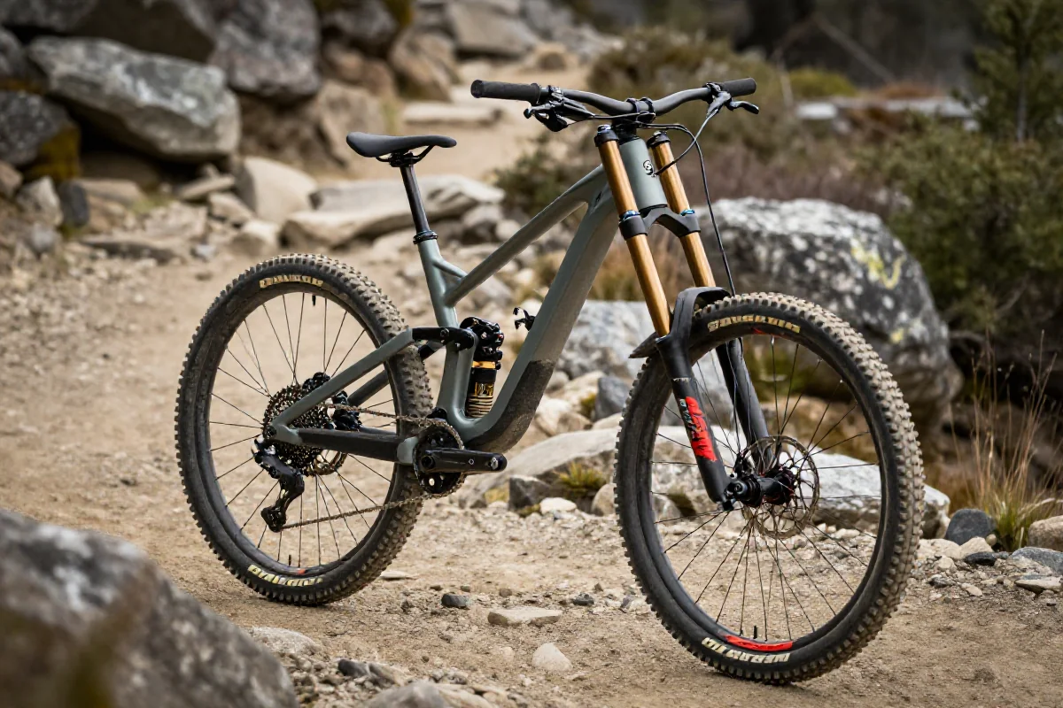 Rower downhillowy z unikalną geometrią na szlaku górskim.