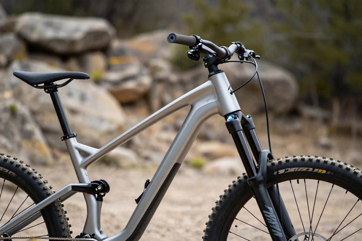 Rower enduro w naturalnym otoczeniu, podkreślający geometrię ramy i kąt główki.