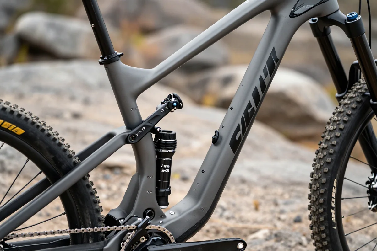 Szczegółowy widok geometrii ramy roweru górskiego na skalistym terenie.