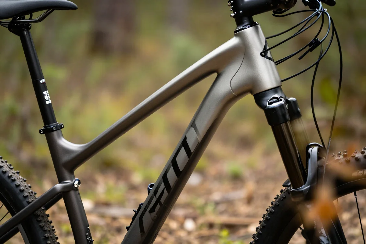 Geometria ramy roweru MTB, kąt głowy i kąt podsiodłowy na tle leśnym.