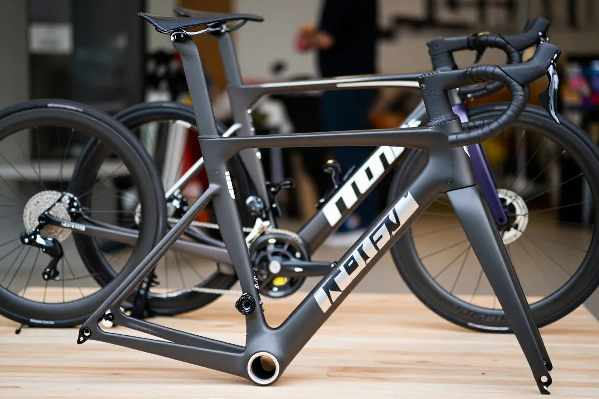 Różne geometrie ram rowerów szosowych na drewnianej powierzchni.