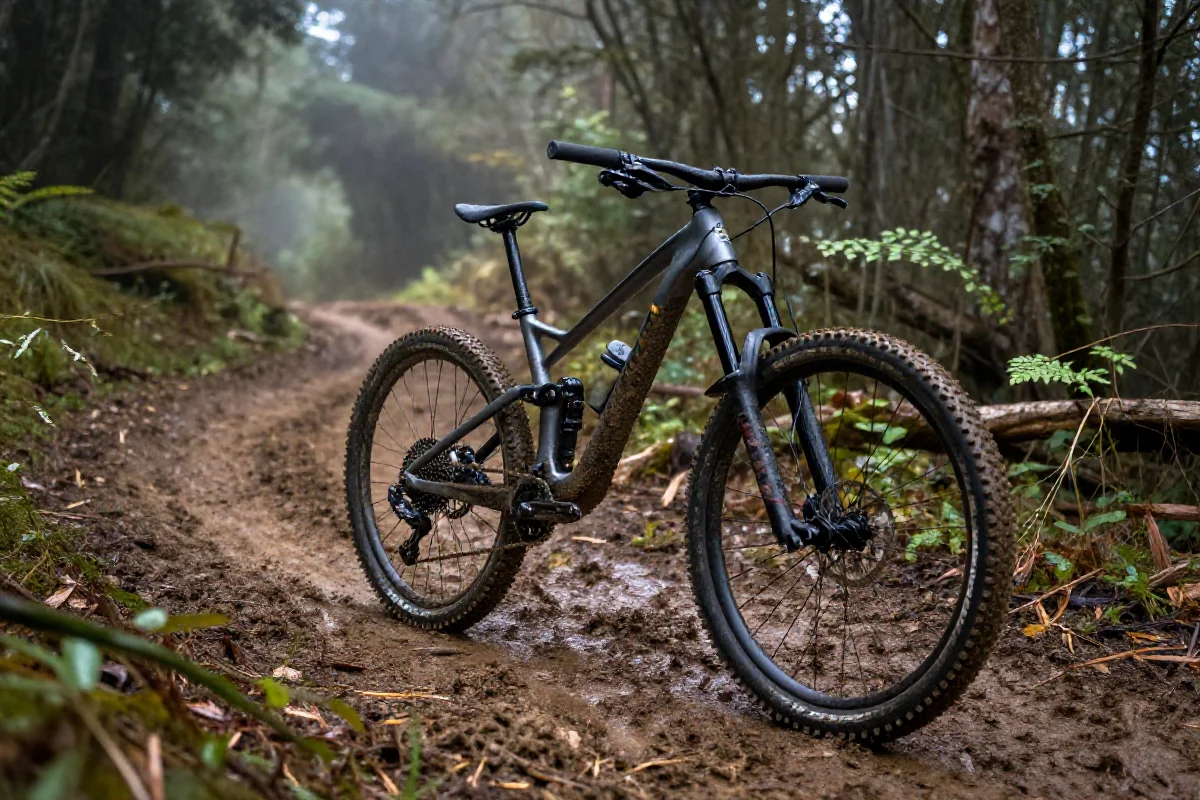 Rower górski pokonujący głębokie błoto na mokrej trasie MTB.