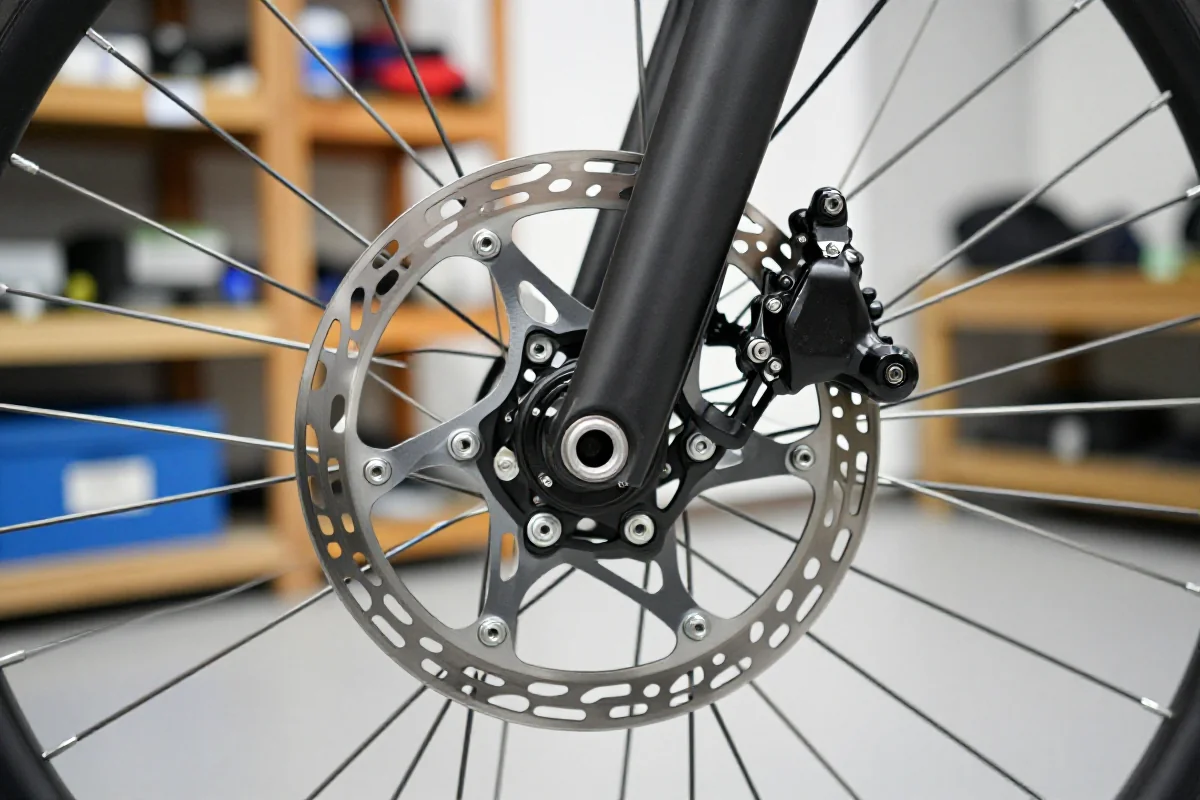 Zbliżenie na system hamulców tarczowych roweru, ukazujące detale i mechanikę.