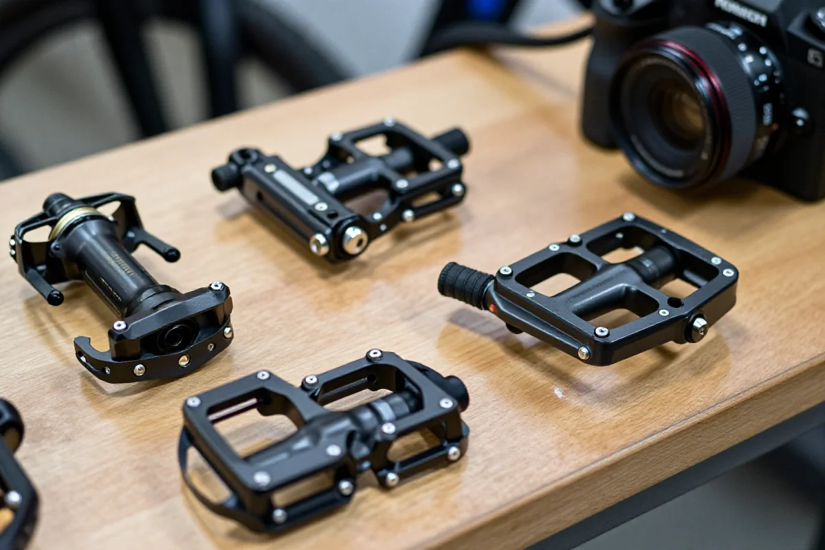 Różne systemy pedałów rowerowych na drewnianym blacie warsztatowym.